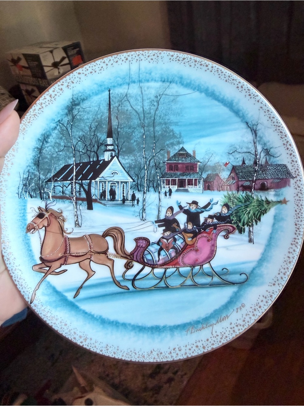 Holiday Winter Sleigh Decorative Plate - Pink and Blue